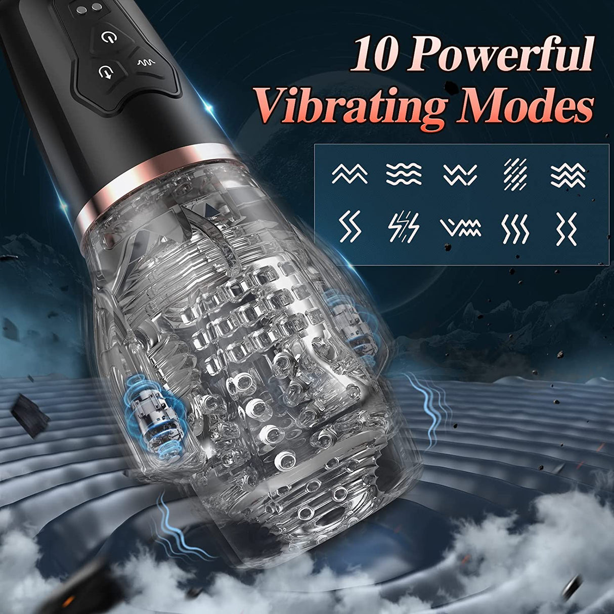 Blowjob Vibrating Sucker Oral Sex Masturbator showing 10 powerful vibrating modes for enhanced pleasure.