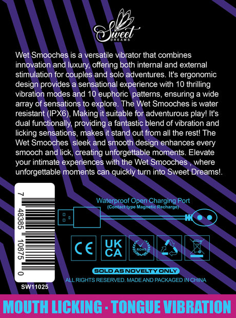 Wet Smooches Mouth Licking Tongue Vibrator packaging highlighting features and usage instructions.