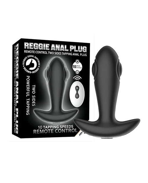 Secwell Reggie Tapping Anal Plug Black with remote control and packaging showcasing dual tapping features.