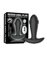 Secwell Reggie Tapping Anal Plug Black with remote control and packaging showcasing dual tapping features.