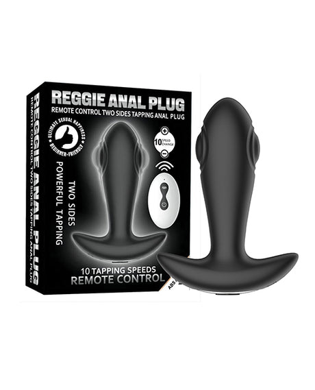 Secwell Reggie Tapping Anal Plug Black with remote control and packaging showcasing dual tapping features.