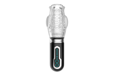 Thrusting 360 Rotating Male Stroker featuring a clear, textured design and advanced controls for customizable experience.
