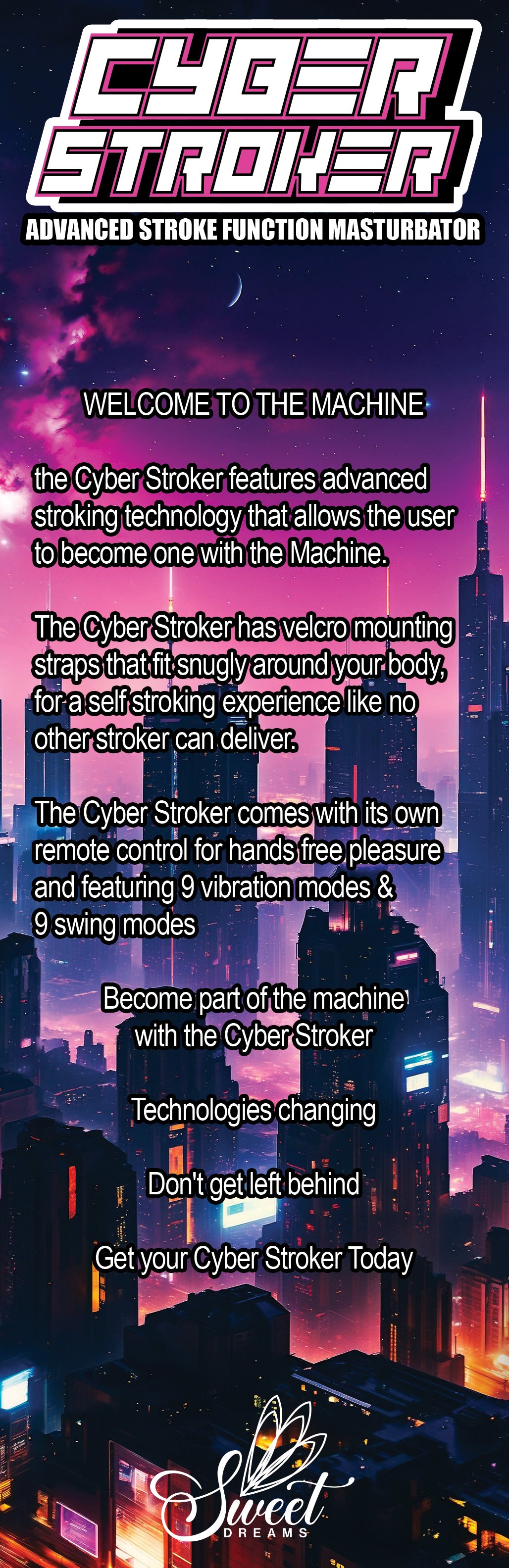 Cyber Stroker Advanced Tech Masturbator design with welcome message and features highlighted.