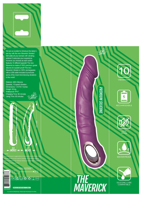 Sweet Dreams Maverick Realistic Dildo Vibrator packaging showing design, features, and specifications.