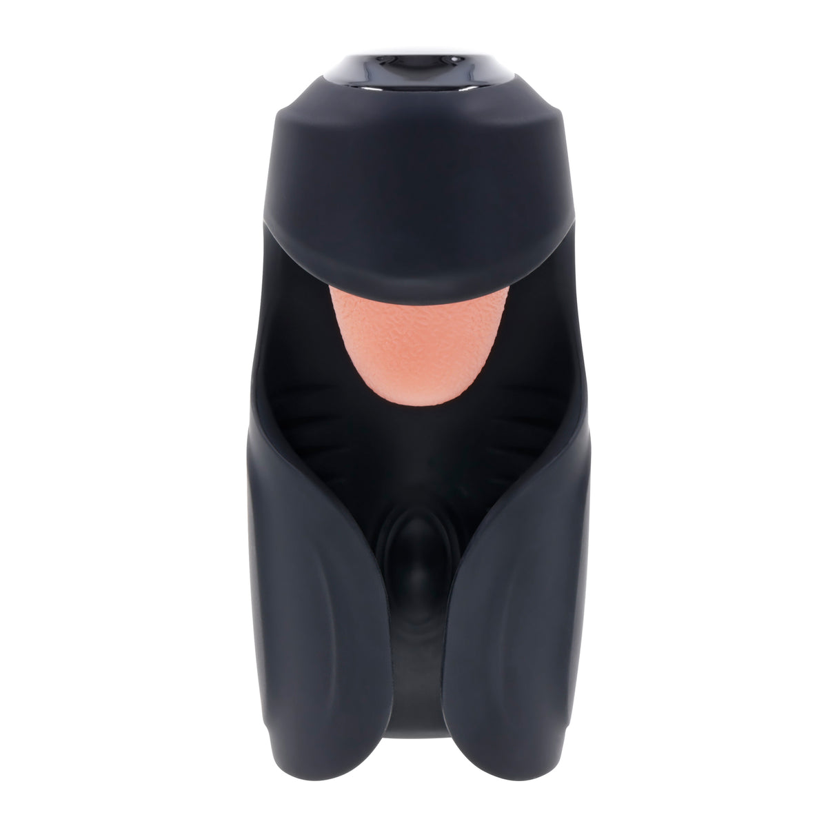 Lick the Tip Vibrating Tongue Stroker Black, showcasing an open-ended design with an integrated tongue for optimal pleasure.