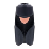 Lick the Tip Vibrating Tongue Stroker Black, showcasing an open-ended design with an integrated tongue for optimal pleasure.