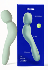 Dame Com Wand Vibrator Sage packaging featuring a curved handle and body-friendly design for comfort.
