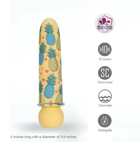 Maia Kona Fiercely Powerful Bullet Vibrator with tropical pineapple design, silicone coated, and rechargeable features.