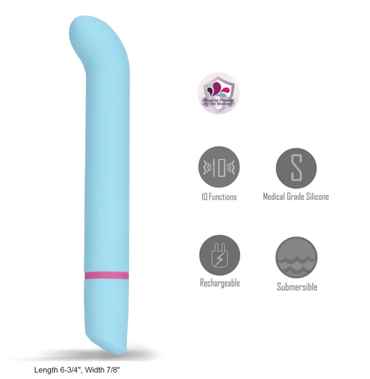Maia Marni Vibelite Silicone G-Spot Vibrator in blue, showcasing 10 functions, medical grade silicone, and submersible design.