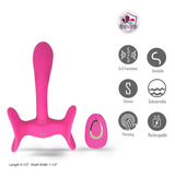 Maia Paislee Dual Motor Remote Control Thigh Hold Thumping Vibrator displayed with features, dimensions, and remote.