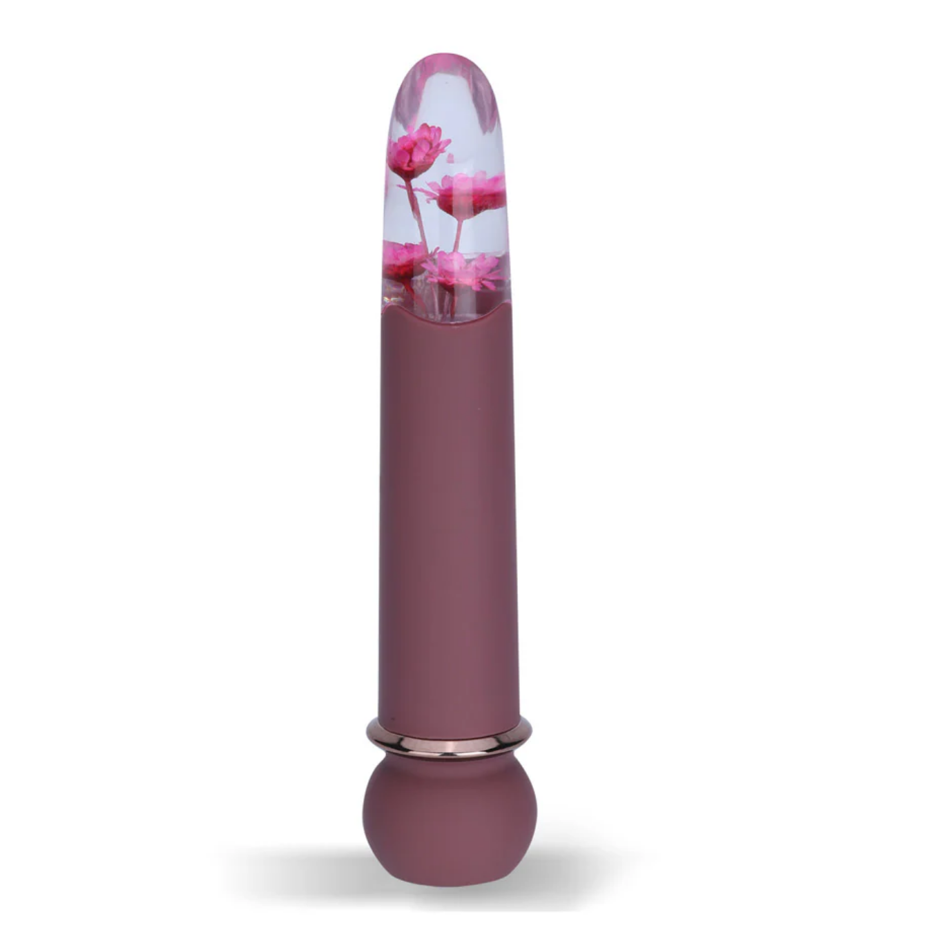 Maia Flora Fiercely Powerful Bullet Vibrator Burgundy with clear acrylic tip and faux flowers.