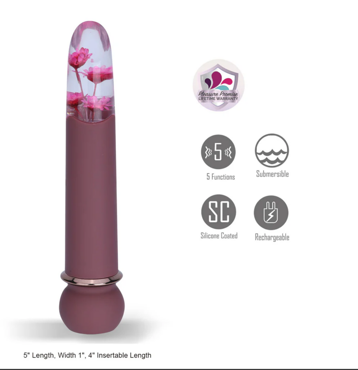 Maia Flora Fiercely Powerful Bullet Vibrator Burgundy with tapered tip and faux flowers, 5-speed, rechargeable.