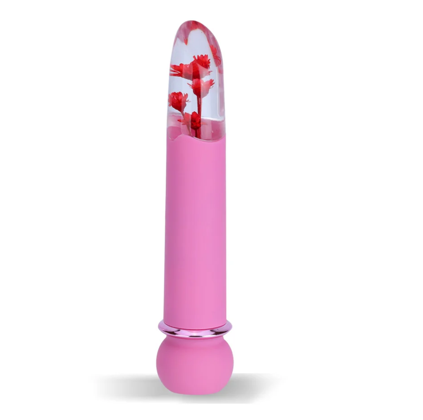 Maia Flora Fiercely Powerful Bullet Vibrator Pink with clear acrylic tip featuring faux flowers.