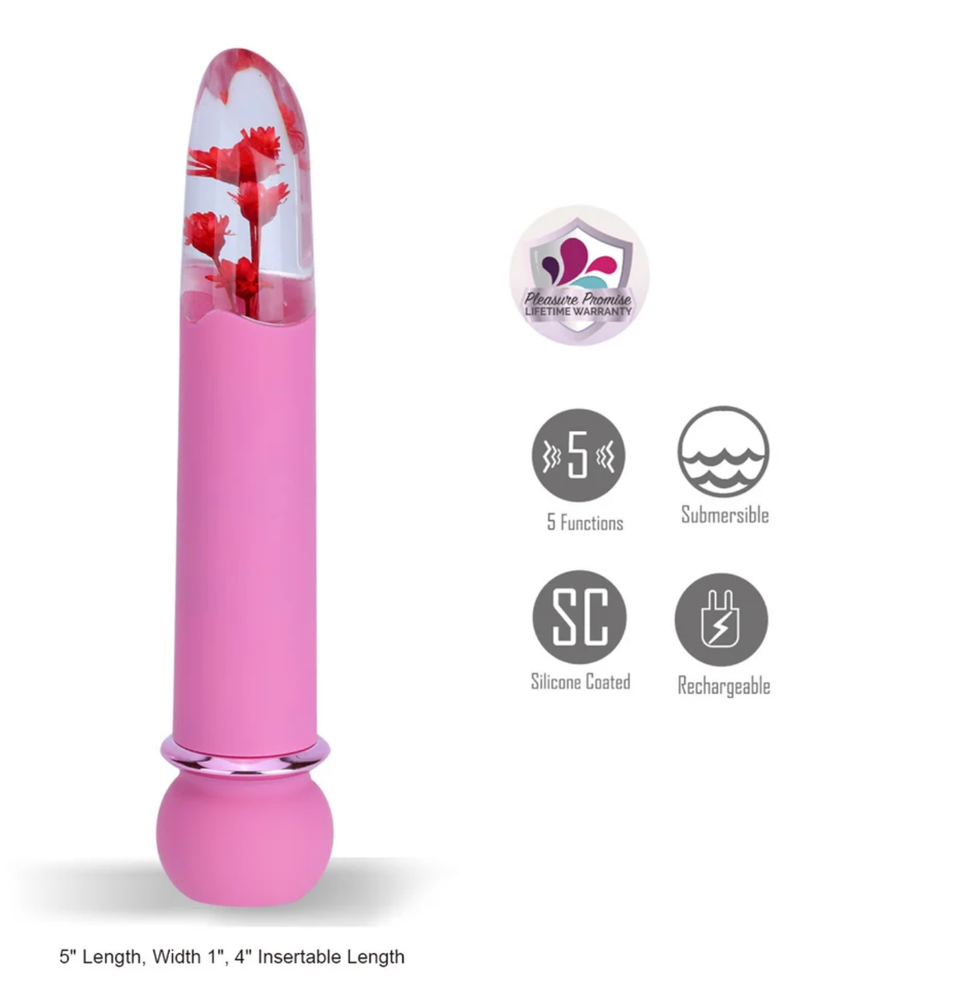 Maia Flora Fiercely Powerful Bullet Vibrator Pink with floral design, 5-speed functions, and silicone coating.