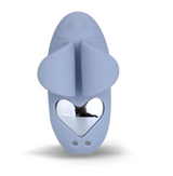 Maia Kiko Vibrating Silicone Finger Massager in soft blue color with butterfly-shaped holder and heart mirror cutout.