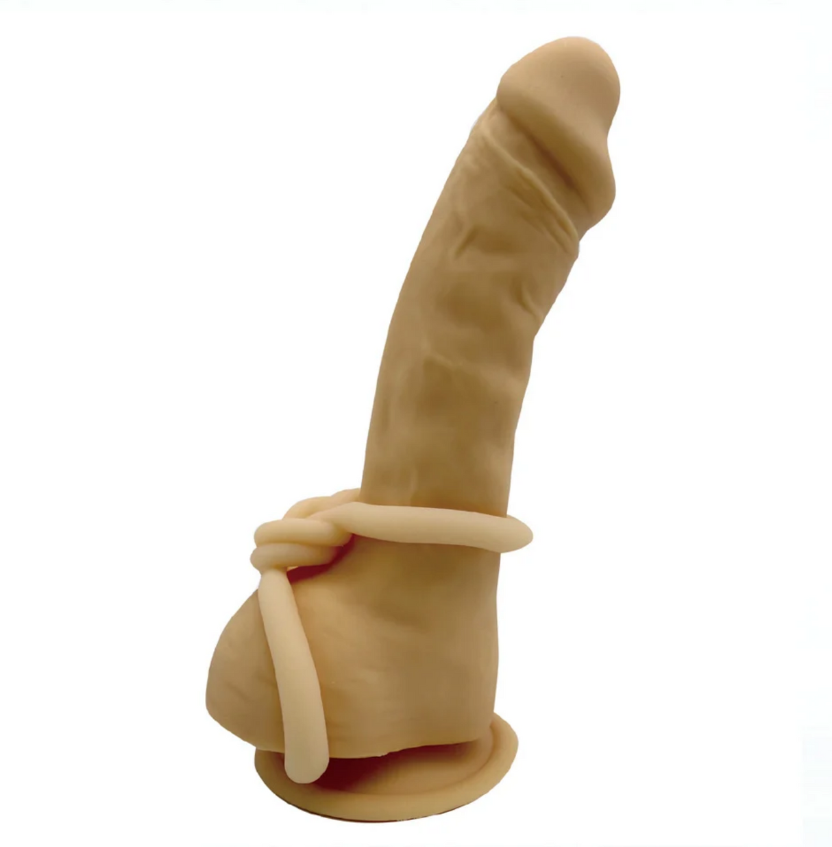 Maia Cooper Liquid Silicone Dual Super Stretch C-Ring Beige displayed on a white background, showcasing its unique design and texture.
