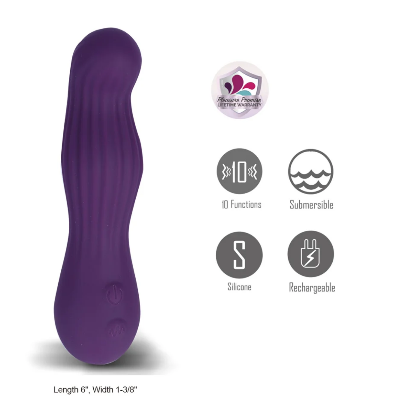 Maia Mesa Liquid Silicone G-Spot Vibrator showcasing its flexible shape, 10 functions, and body-safe silicone material.