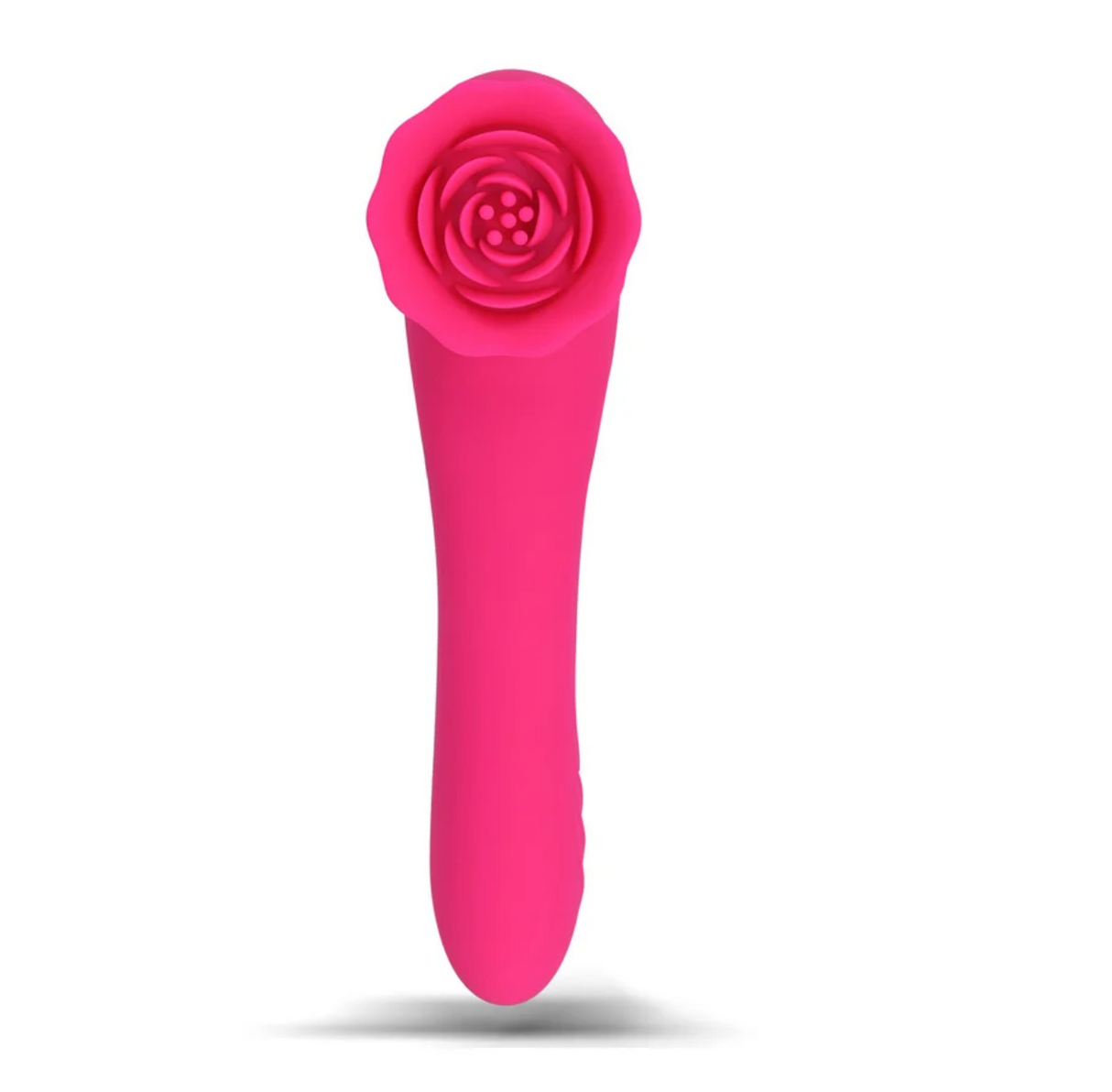 Maia Roza Silicone Premium Dual-Motor Rose Massager in pink, featuring a rose-shaped massage head for targeted stimulation.