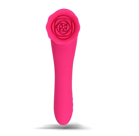 Maia Roza Silicone Premium Dual-Motor Rose Massager in pink, featuring a rose-shaped massage head for targeted stimulation.