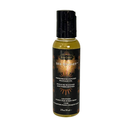 Kama Sutra Sex Magnet Leather Massage Oil 2 Oz in a bottle with a sophisticated design and pheromone infusion.