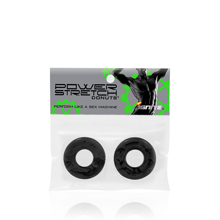 Si Novelties Power Stretch Donuts 2 Pack Cock Rings Black packaging featuring two stretchy black rings for enhanced support.