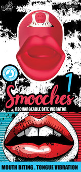 Smooches No 1 Mouth Biting Tongue Vibrator packaging featuring unique design and vibrant colors.