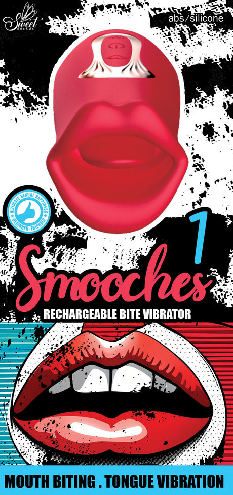 Smooches No 1 Mouth Biting Tongue Vibrator packaging featuring unique design and vibrant colors.