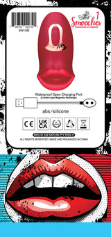 Smooches No 1 Mouth Biting Tongue Vibrator packaging showing waterproof charging port and body-safe silicone.
