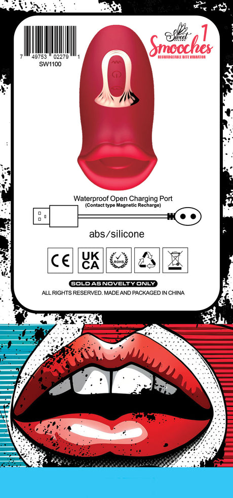 Smooches No 1 Mouth Biting Tongue Vibrator packaging showing waterproof charging port and body-safe silicone.
