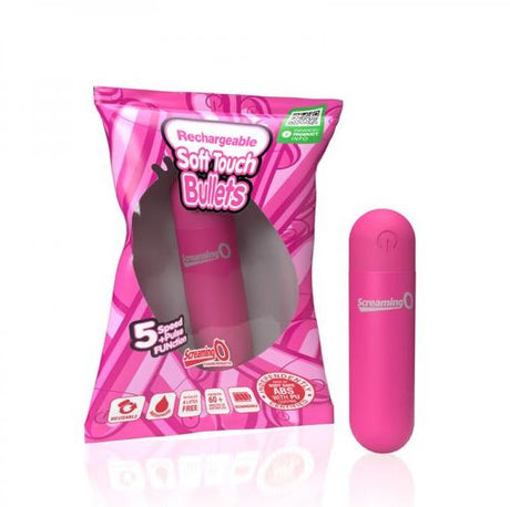 Screaming O Soft Touch Rechargeable Bullet Vibrator Pink in packaging, featuring 5 speed functions for pleasure.