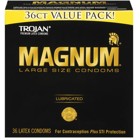 Trojan Magnum 36 Pack Lubricated Latex Condoms packaging with large size label and value pack announcement.
