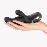 Fun Factory Miss Bi Black Line Dual Action Vibrator held in a hand, showcasing its dual stimulation features and design.