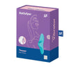 Satisfyer Teaser Rechargeable Finger Vibrator Blue packaging featuring the compact design and flexible strap for precise pleasure.