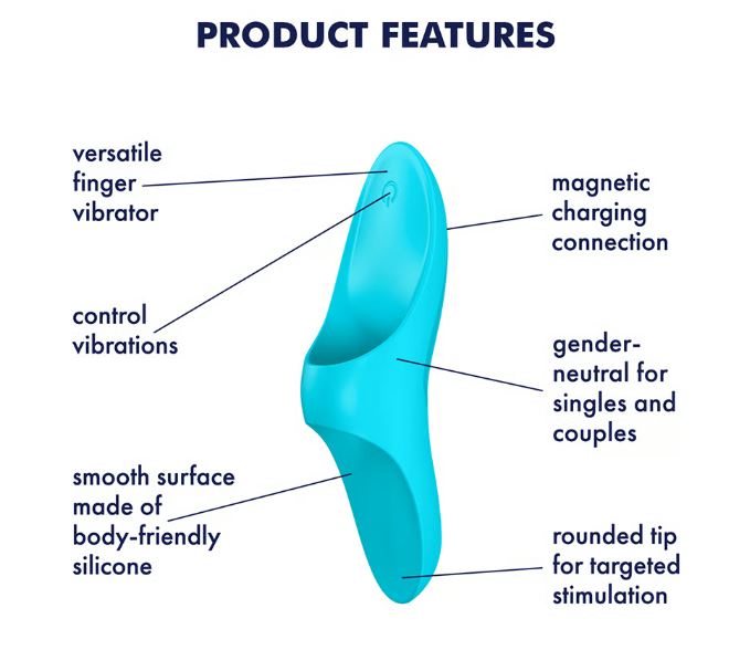 Satisfyer Teaser Rechargeable Finger Vibrator Blue features versatile design, magnetic charging, smooth material, and targeted stimulation.