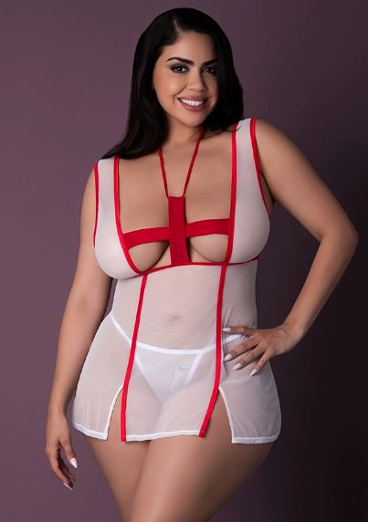 Tender Care Sexy Nurse Costume White 2XL on model, showcasing playful charm and seductive allure in sheer mesh.