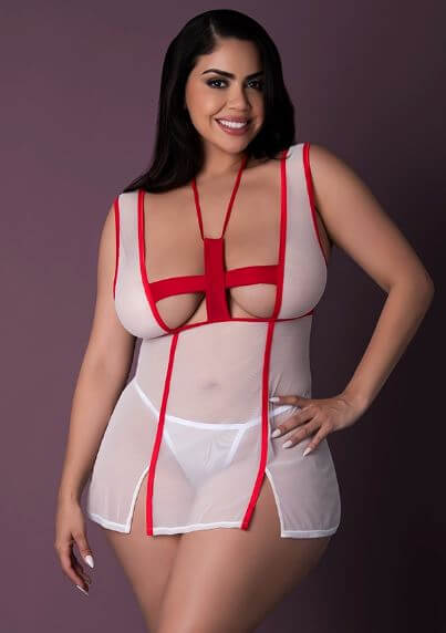 Tender Care Sexy Nurse Costume White 2XL on model, showcasing playful charm and seductive allure in sheer mesh.