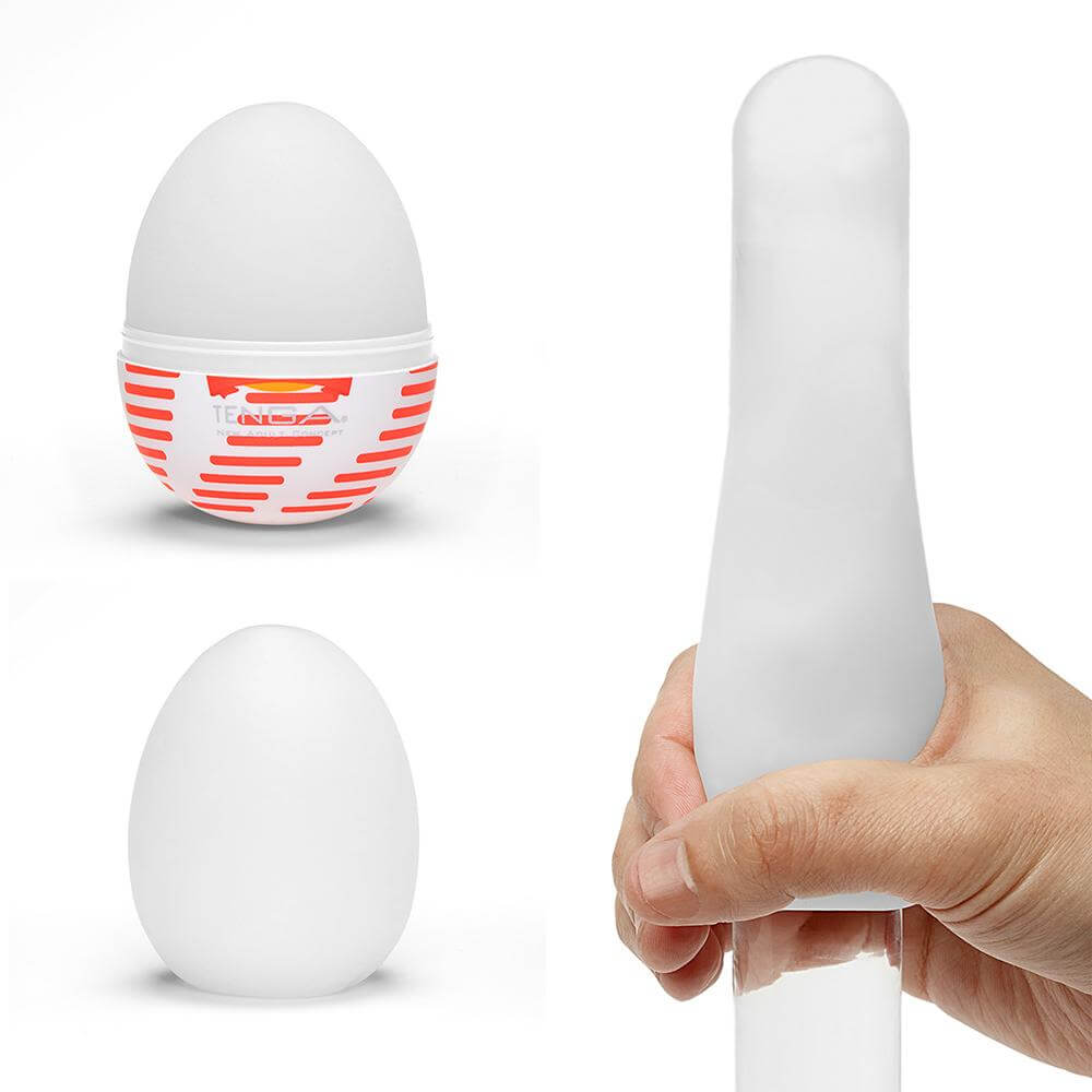 Tenga Egg Tube Disposable Masturbator Sleeve shown in hand and packaging with distinctive design.