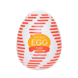 Tenga Egg Tube Disposable Masturbator Sleeve in egg shape design with orange and white stripes.