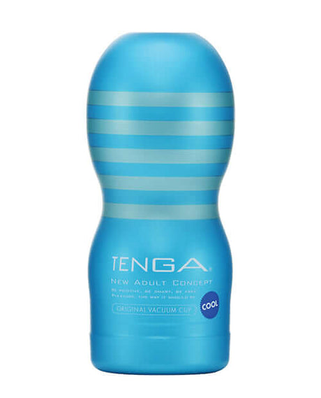 Tenga Original Vacuum Cool Cup with blue exterior and unique hourglass design for ultimate suction and cooling sensation.