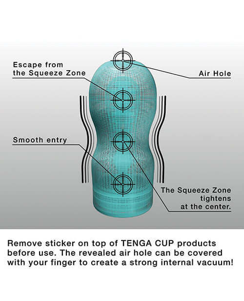 Tenga Original Vacuum Cool Cup instructional diagram showing features like air hole and squeeze zone for optimal use.