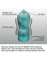 Tenga Original Vacuum Cool Cup instructional diagram showing features like air hole and squeeze zone for optimal use.