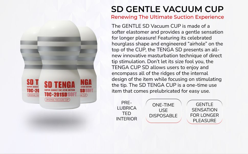 Tenga SD Original Vacuum Cup Gentle Masturbator soft elastomer design for enhanced pleasure and innovative suction experience.