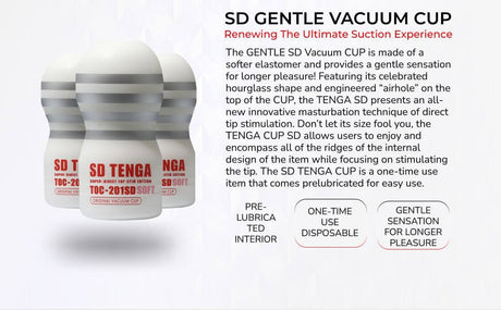 Tenga SD Original Vacuum Cup Gentle Masturbator soft elastomer design for enhanced pleasure and innovative suction experience.
