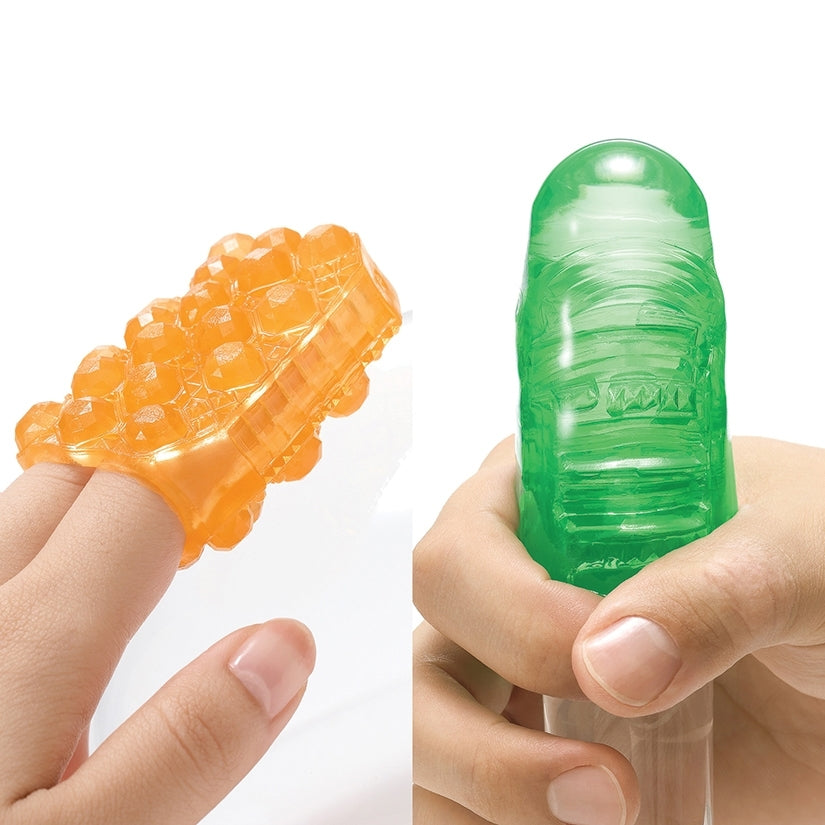 Tenga Uni Variety Pack of 4 Masturbators featuring orange and green textured designs for enhanced pleasure.