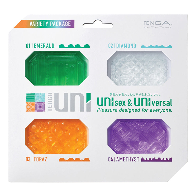 Tenga Uni Variety Pack of 4 Masturbators featuring Emerald, Diamond, Topaz, and Amethyst designs.