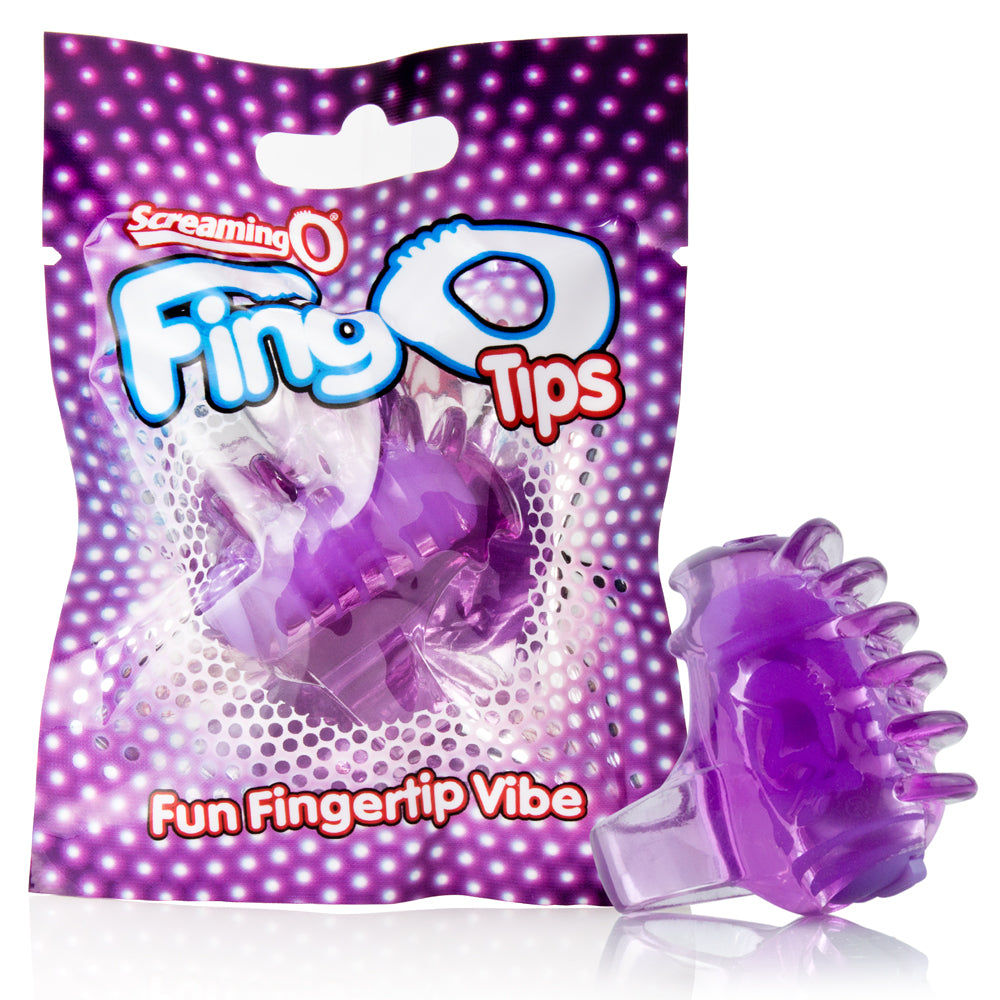 Screaming O Quickie Fing O Tips Finger Vibrator Purple packaging featuring tiny fingertip vibe.