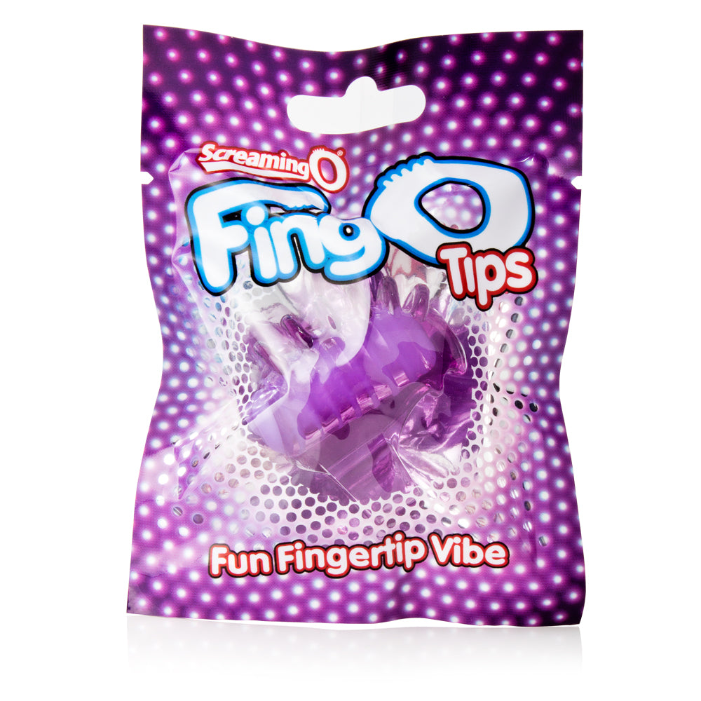 Screaming O Quickie Fing O Tips Finger Vibrator Purple packaging with vibrant colors and design.