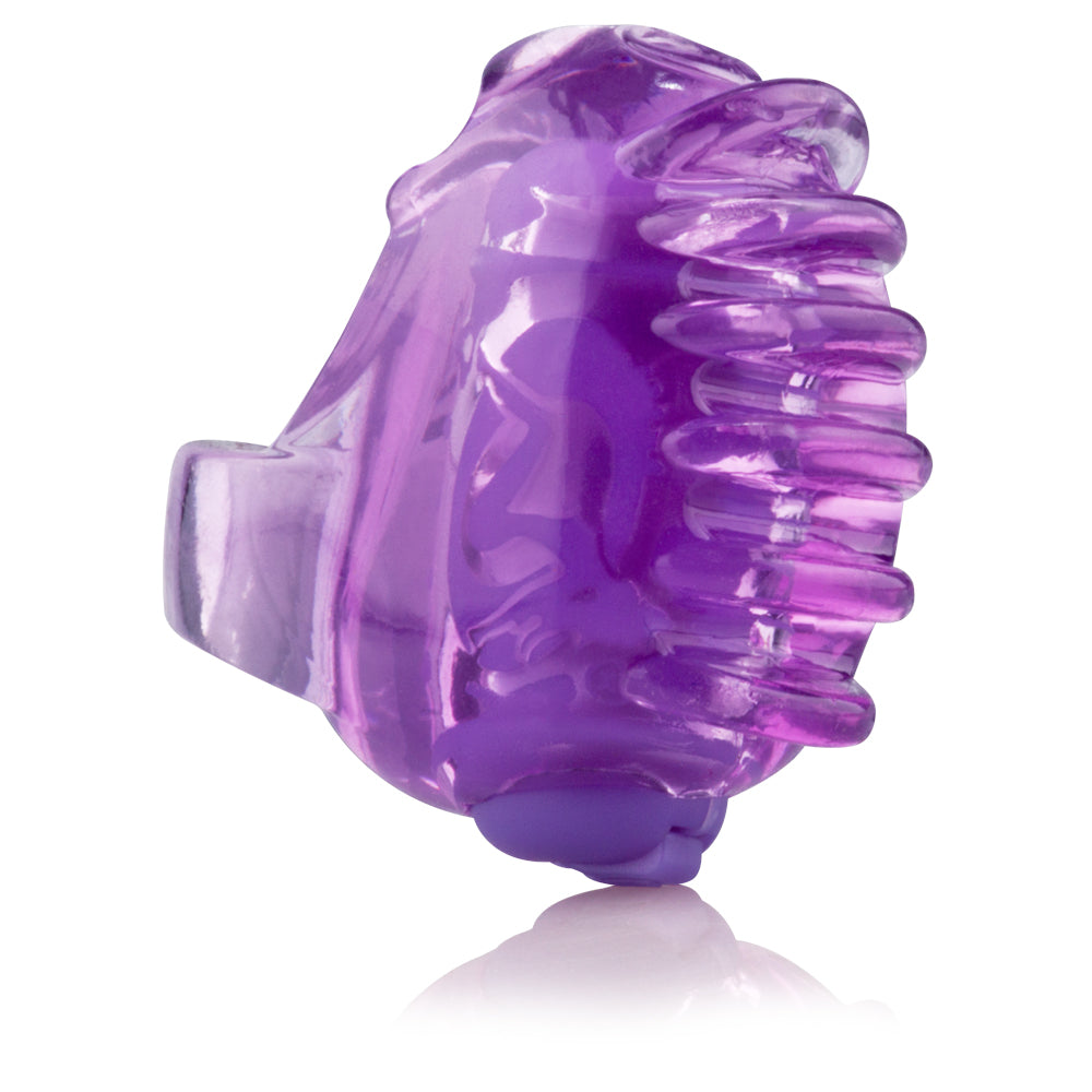 Screaming O Quickie Fing O Tips Finger Vibrator Purple side view, showcasing its tiny design and comfortable strap.