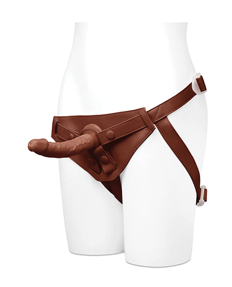 Together 6.75 Inch Realistic Suction Cup Dildo Dark attached to a harness on a mannequin.