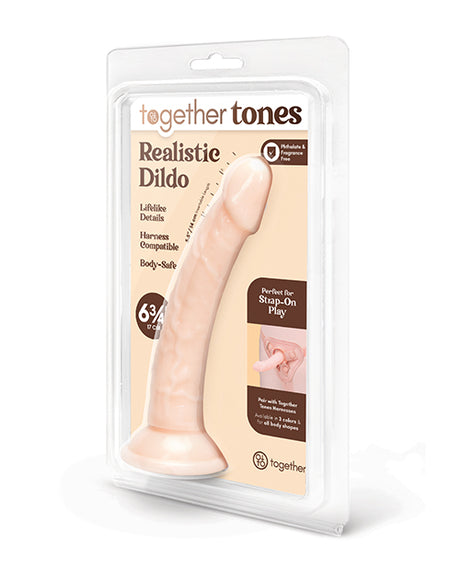 Together 6.75 Inch Realistic Suction Dildo Vanilla in packaging with lifelike details and body-safe materials.